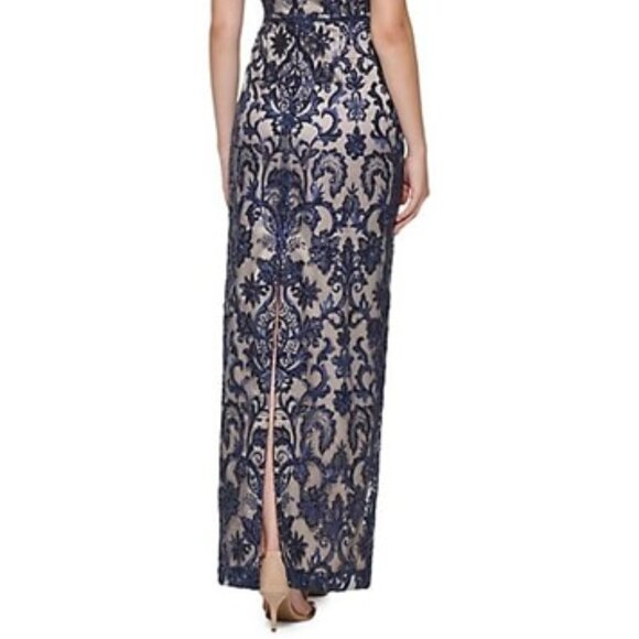 Navy Sleeveless Embroidered Sequin Gown - Picture 4 of 7